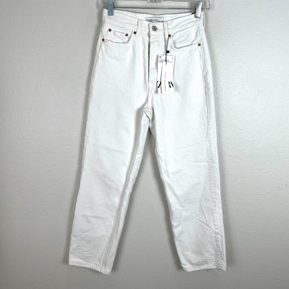 NEW $49 Zara Womens Size 2 White‎ The Bliss Straight Denim Jeans Button Fly